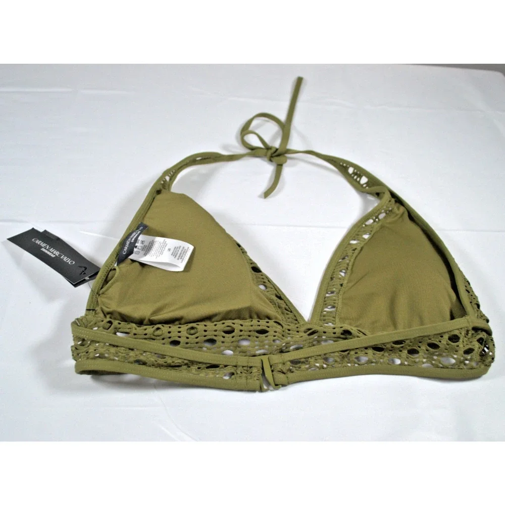 Carmen Marc Valvo Laser Cut Halter Bikini Top Olive Green Size Large NWT